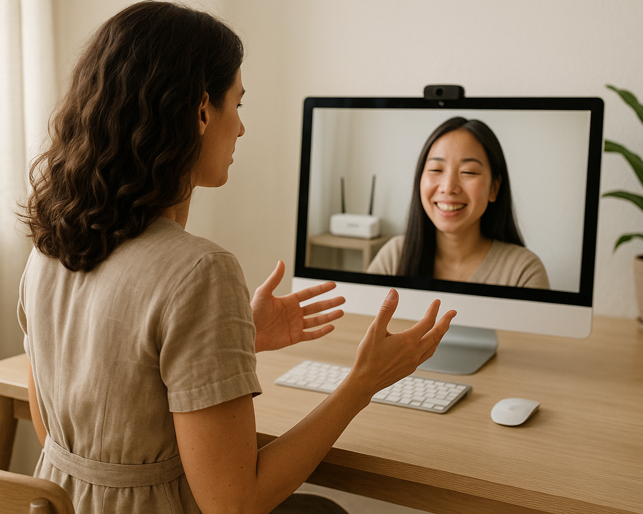La persona que atiende tiene el cabello más largo, no tan corto